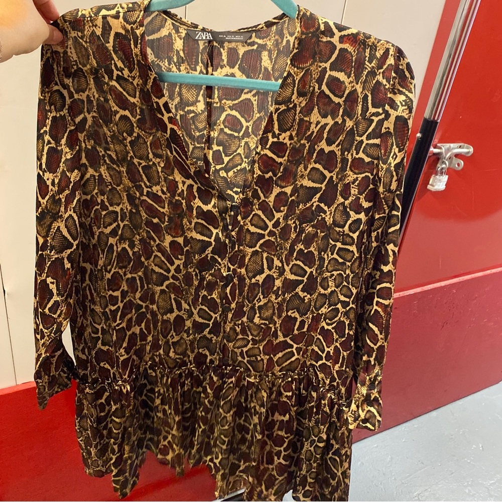 Zara Brown Animal Print V-Neck Drop-Waist Dress | Size XL